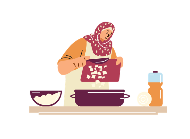 Une femme musulmane portant un hijab debout à la table coupe des ingrédients dans une casserole  Illustration