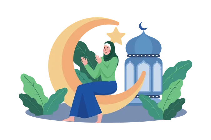 Une femme musulmane prie la nuit du Ramadan  Illustration