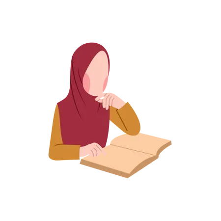 Une femme musulmane réfléchit en lisant un livre  Illustration