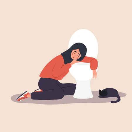 Femme musulmane ressentant des nausées alors qu'elle est assise près du siège des toilettes  Illustration