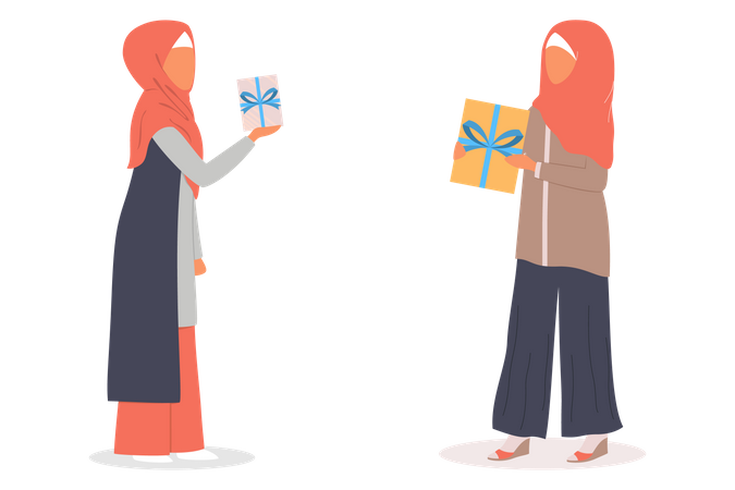 Femme musulmane tenant une boîte cadeau  Illustration