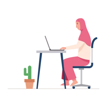 Femme musulmane travaillant sur un ordinateur portable  Illustration