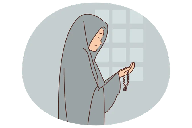 Une femme musulmane vêtue de tchador prie dans une mosquée  Illustration