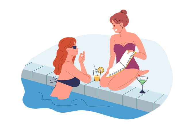 Une femme nage dans une piscine et boit un cocktail tout en discutant avec une amie prenant un bain de soleil assise sur la terre ferme  Illustration