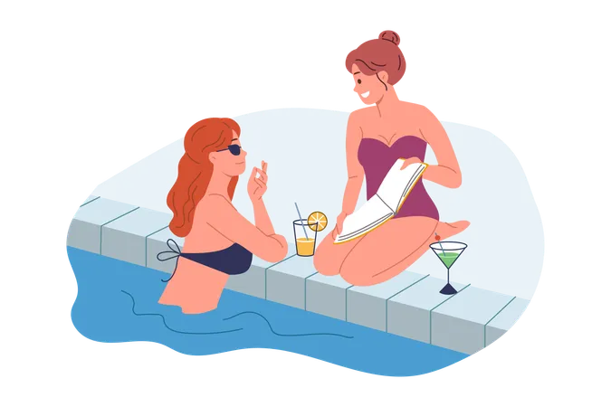 Une femme nage dans une piscine et boit un cocktail tout en discutant avec une amie prenant un bain de soleil assise sur la terre ferme  Illustration