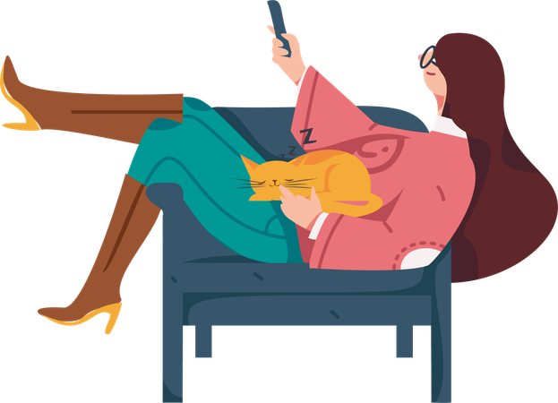 Une femme navigue sur son téléphone portable tout en se relaxant sur un canapé  Illustration