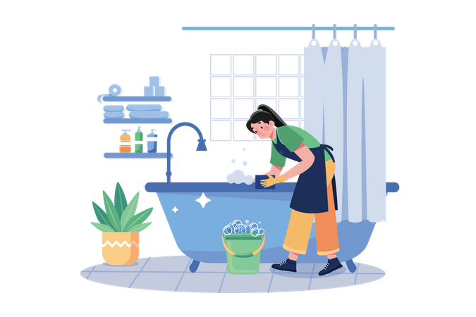 Femme nettoyante nettoyant la baignoire  Illustration