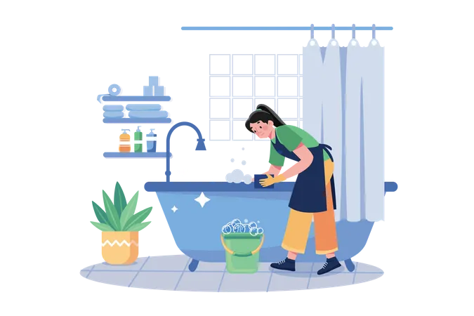 Femme nettoyante nettoyant la baignoire  Illustration