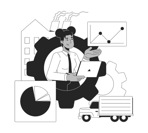 Une femme noire analyse des données industrielles et logistiques  Illustration