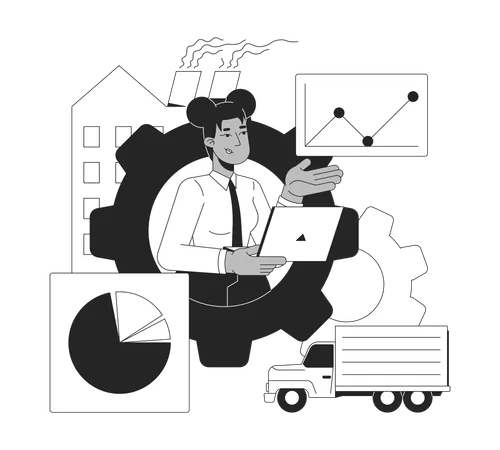 Une femme noire analyse des données industrielles et logistiques  Illustration