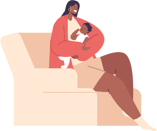 Femme noire avec bébé nouveau-né et assise sur un fauteuil confortable  Illustration