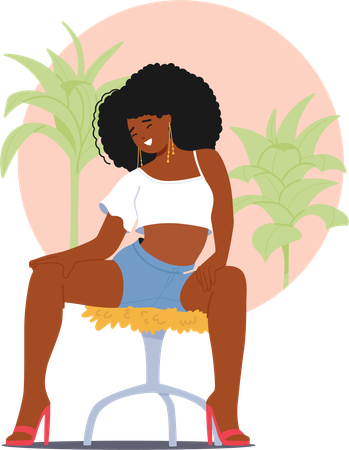 Une femme noire confiante est assise sur une chaise et présente sa beauté dans un short élégant  Illustration