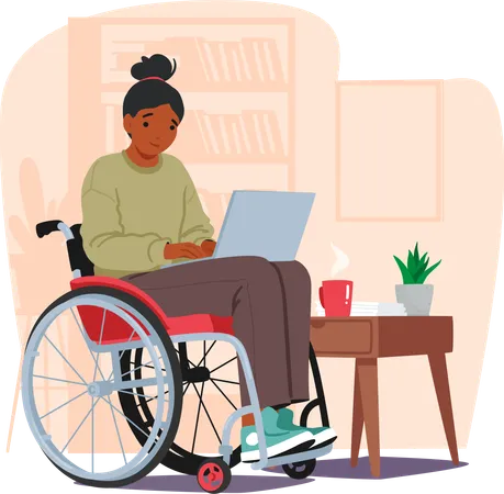 Une femme noire déterminée en fauteuil roulant travaille sur un ordinateur portable avec une concentration inébranlable  Illustration