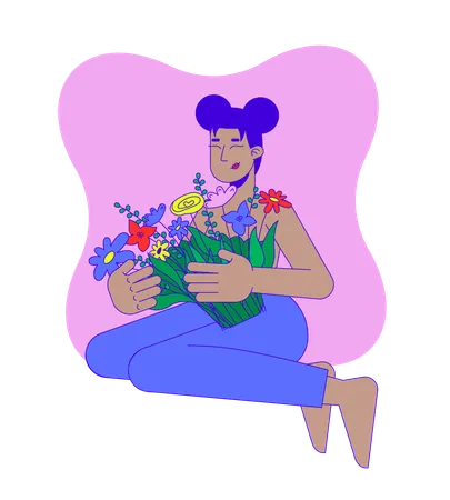 Femme noire embrassant des fleurs  Illustration