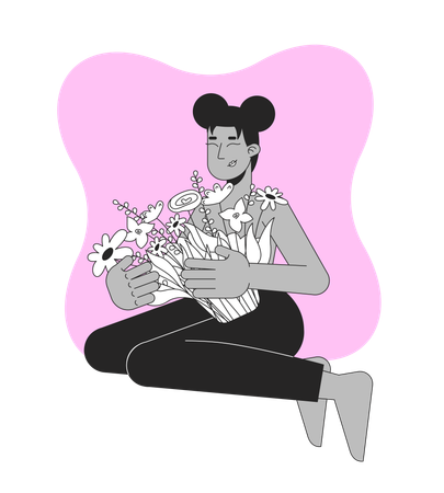 Femme noire embrassant des fleurs  Illustration