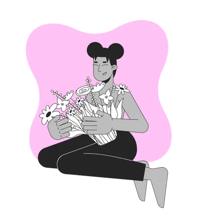 Femme noire embrassant des fleurs  Illustration