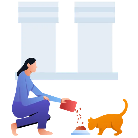 Femme nourrissant un chat  Illustration
