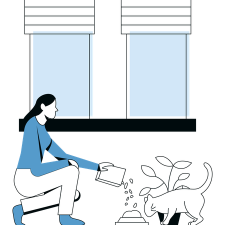 Femme nourrissant un chat  Illustration
