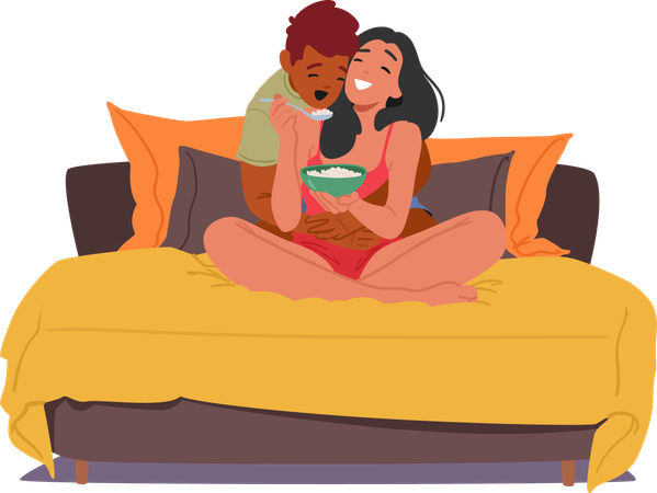 Une femme nourrit délicatement un homme dans une étreinte chaleureuse d'amour  Illustration