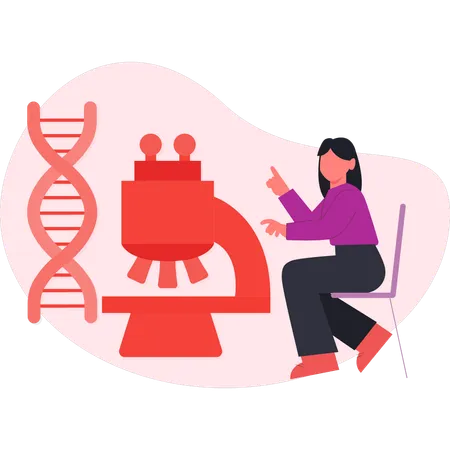 Femme observant la structure de l'ADN au microscope.  Illustration