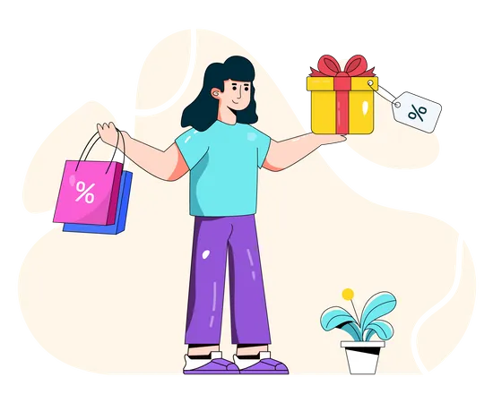 Femme recevant un cadeau à prix réduit pour faire du shopping  Illustration