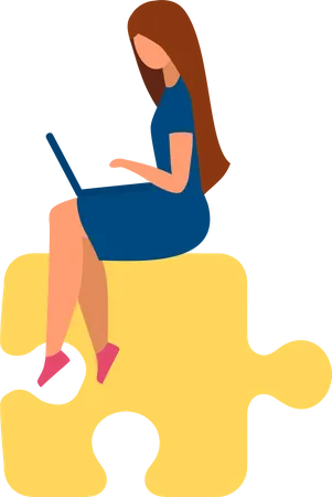 Femme occupée avec un ordinateur portable assis sur une pièce de puzzle  Illustration
