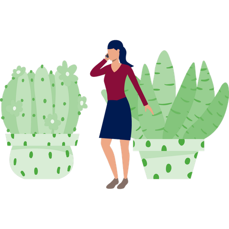 Femme occupée à appeler son portable près d'une plante de cactus  Illustration