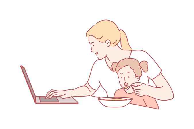 Femme occupée travaillant sur un ordinateur portable et mangeant de la nourriture à sa fille  Illustration