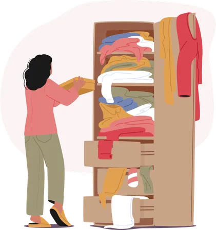 Une femme organise une garde-robe encombrée remplie de vêtements divers  Illustration