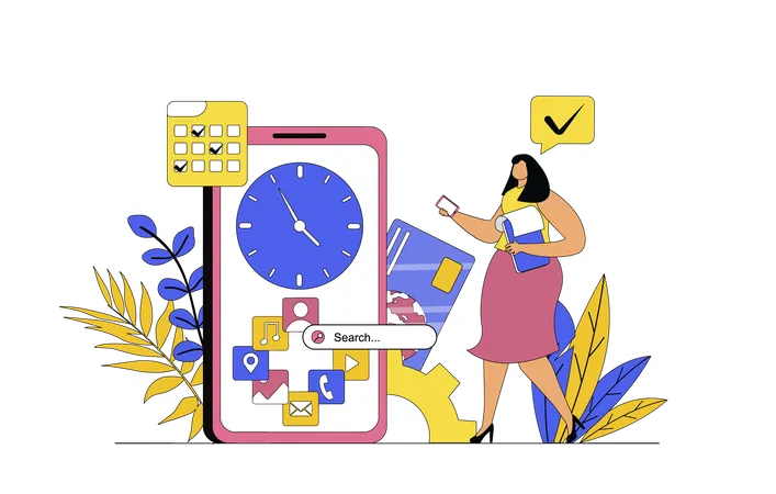 Une femme organise son temps et ses tâches dans une application  Illustration