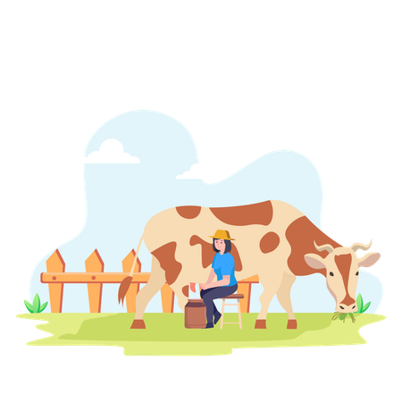 Une ouvrière agricole traite une vache avec un seau rempli de lait  Illustration