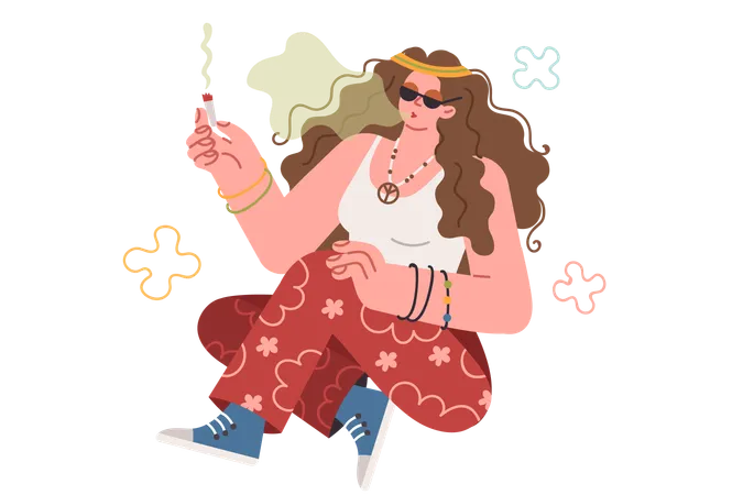 Une femme pacifiste fume du cannabis, profite de la vie et participe à la sous-culture hippie  Illustration