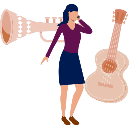 Une femme parle de guitare musicale lors d'un appel  Illustration