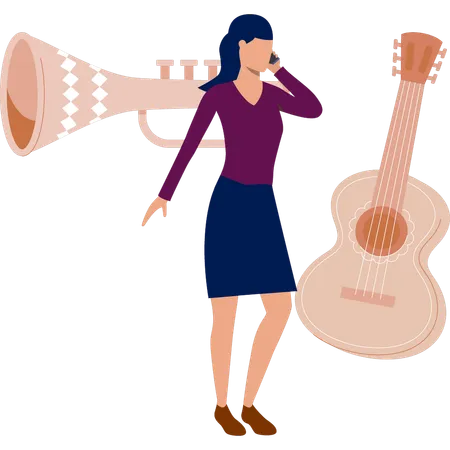 Une femme parle de guitare musicale lors d'un appel  Illustration