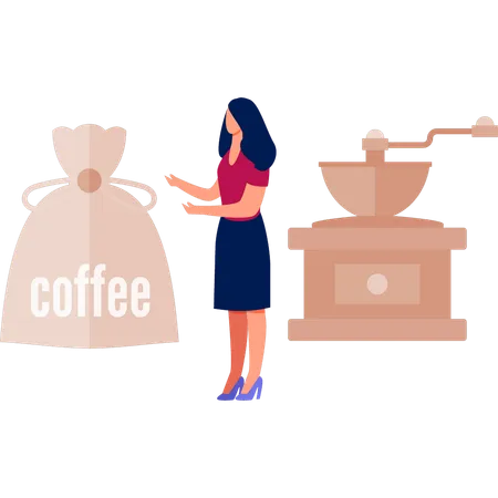 Une femme parle de grains de café  Illustration