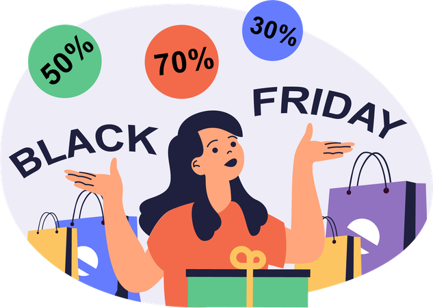 Une femme parle de la réduction du Black Friday  Illustration