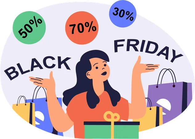 Une femme parle de la réduction du Black Friday  Illustration