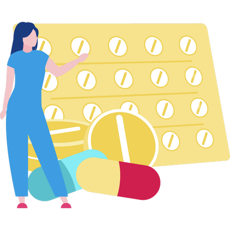 Femme parlant de médicaments en bande  Illustration