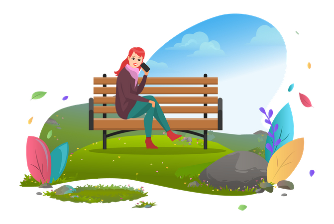 Femme parlant sur mobile dans le parc  Illustration