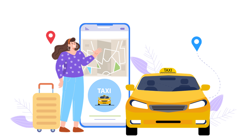 Une femme partage sa position actuelle pour prendre un taxi  Illustration