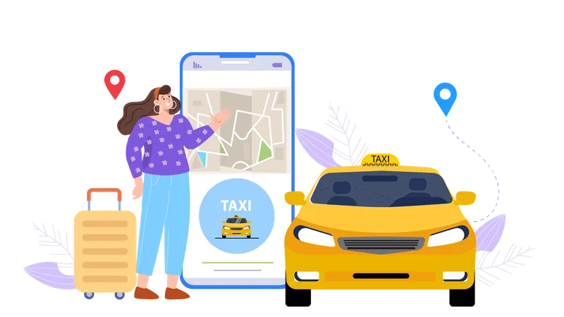 Une femme partage sa position actuelle pour prendre un taxi  Illustration