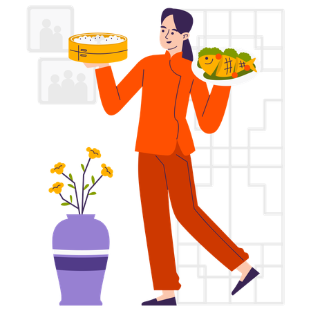 Femme partageant des plats chinois  Illustration