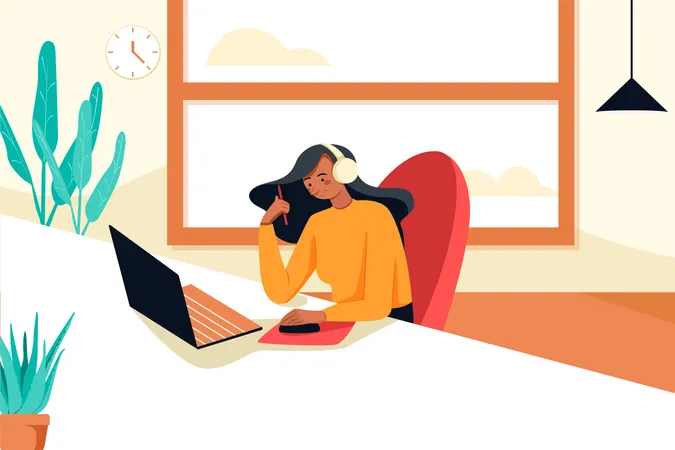 Femme assistant à une réunion d’équipe en ligne depuis son domicile  Illustration
