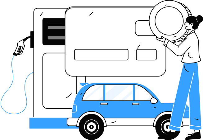 Une femme paie ses factures de carburant avec une carte bancaire  Illustration