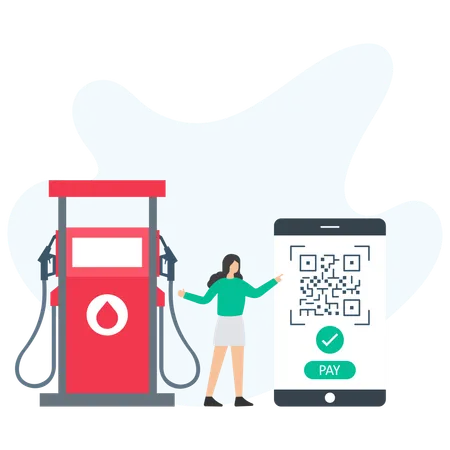 Femme payant le carburant via le code QR  Illustration