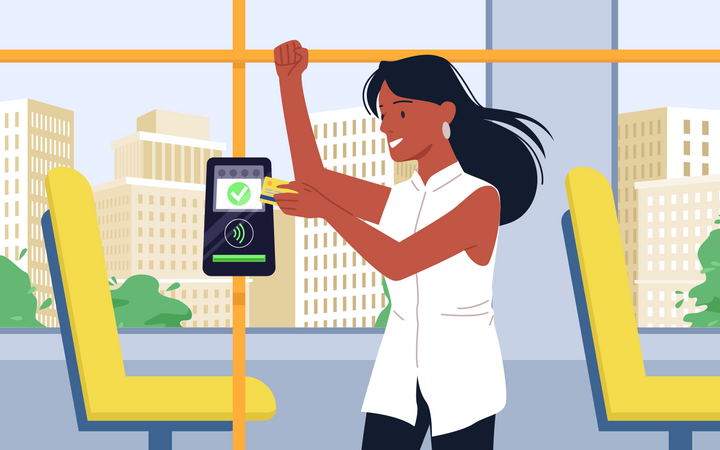 Femme payant les transports publics en utilisant Tap to Pay  Illustration