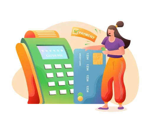 Femme payant par carte de paiement via un terminal POS  Illustration