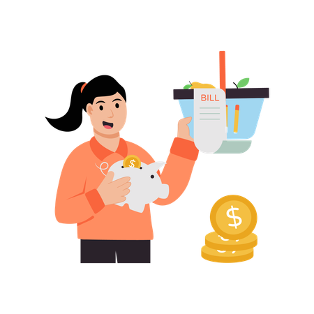 Une femme paye sa facture grâce à ses économies  Illustration
