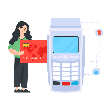 Femme payant via le terminal de paiement Pos  Illustration