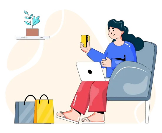 Femme payant via un panier lors de ses achats en ligne  Illustration